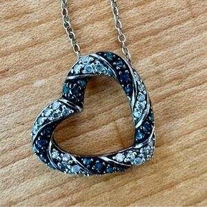 Sterling Silver White & Black Genuine Diamonds Heart Necklace w/ 18” chain